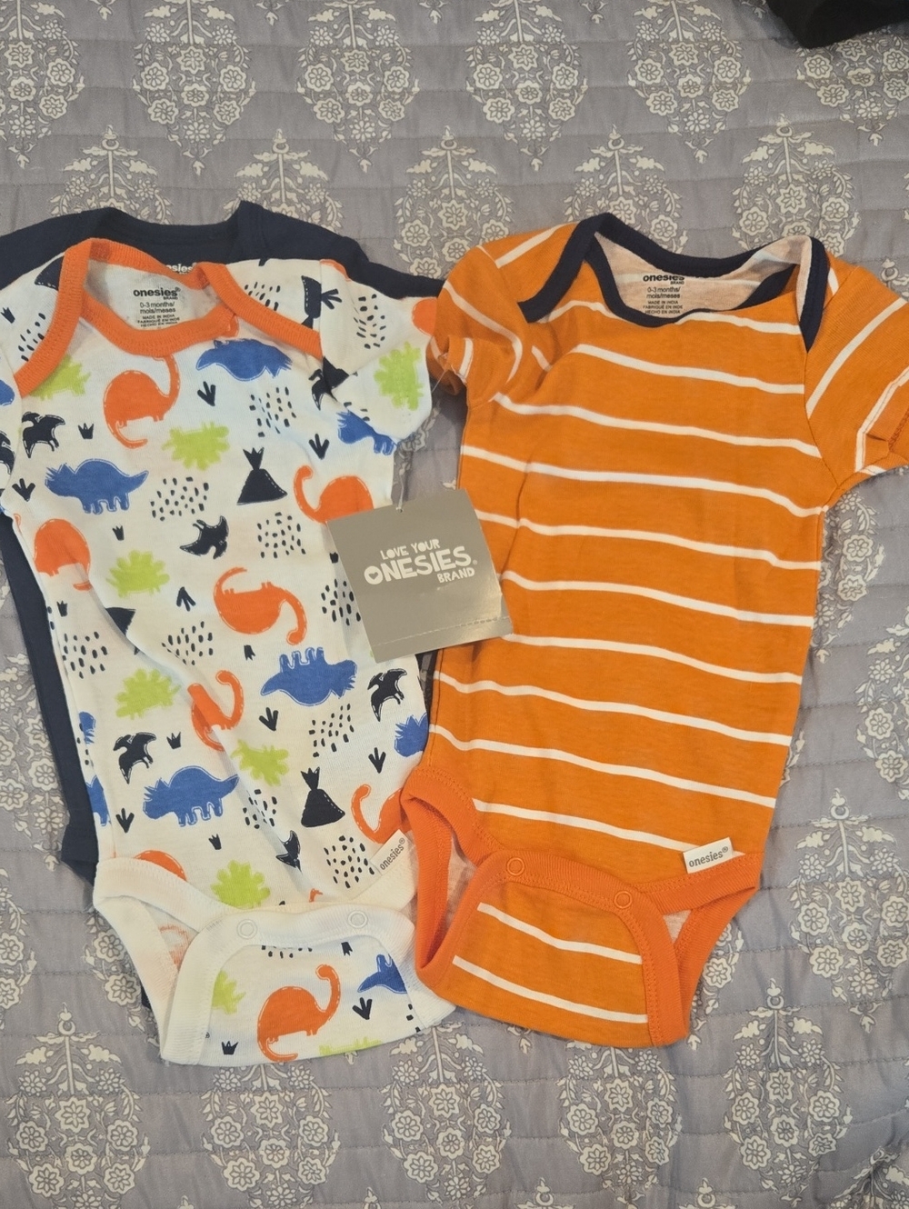 Gerber Orange Striped & Multi Dinosaur Onesies Two-Pack